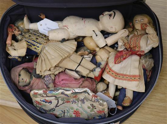 A Japanese silk-embroidered evening bag, gilt-mounted, turquoise and coral set and a collection of costume dolls